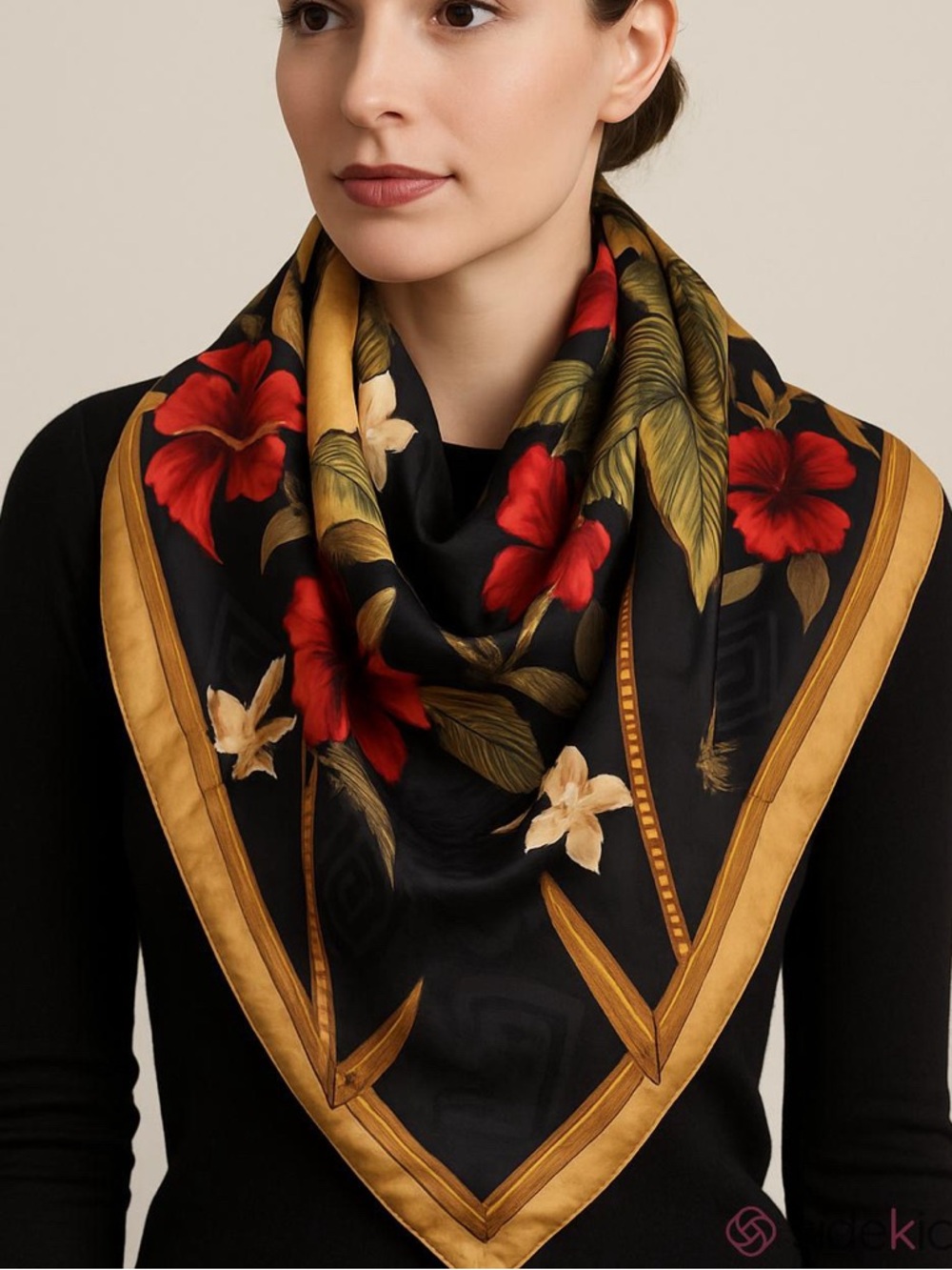 Tommy Bahamas silk scarf hand rolled edges tropical print navy blue beige 35x35